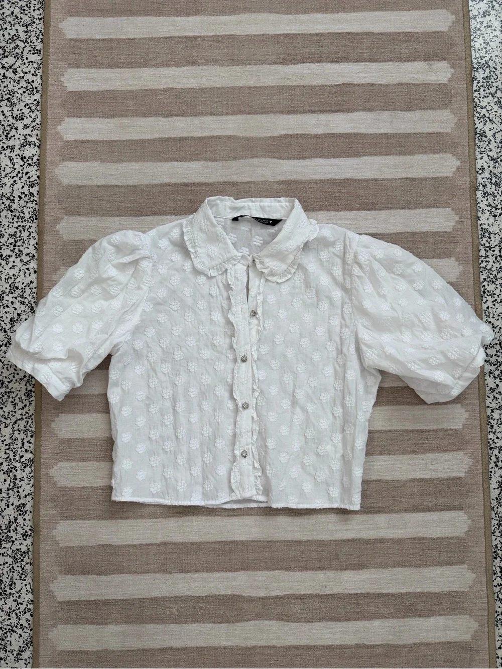 Zara White Swiss Dot Puff Sleeve Ruffle Crop Blouse Top Medium